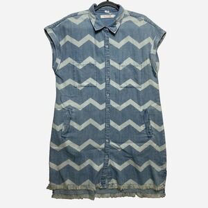 Billy T-Shirt Dress Womens Large Blue Denim Fringe Chevron Button Front